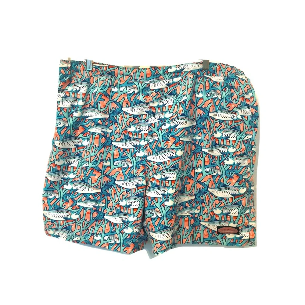Vineyard Vines Blue and Coral Fiah Swim Trunks
